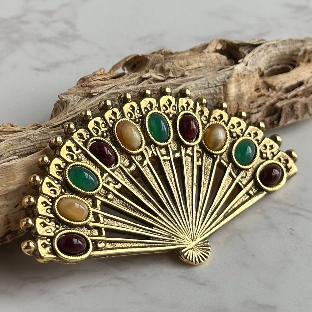 Multi-Color Glass Rhinestone Fan Brooch, Gold Tone, by 1928